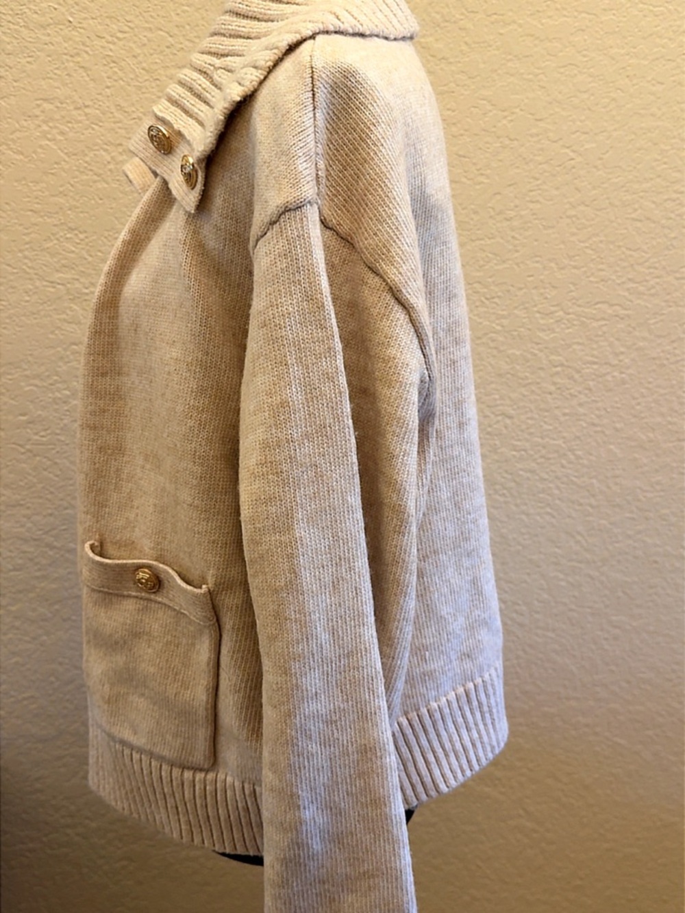 Marc New York Beige Knit Button-Front Jacket with Ribbed Collar - Picture 7 of 9